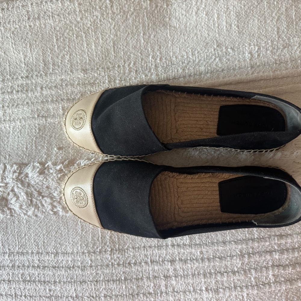Tory Burch Black and Cream Espadrille Flats